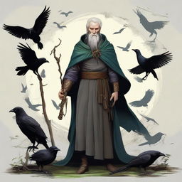 A male elf druid, a blend between Doctor Strange and Radagast from The Lord of the Rings, surrounded by ravens and holding a druid staff