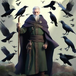 A male elf druid, a blend between Doctor Strange and Radagast from The Lord of the Rings, surrounded by ravens and holding a druid staff