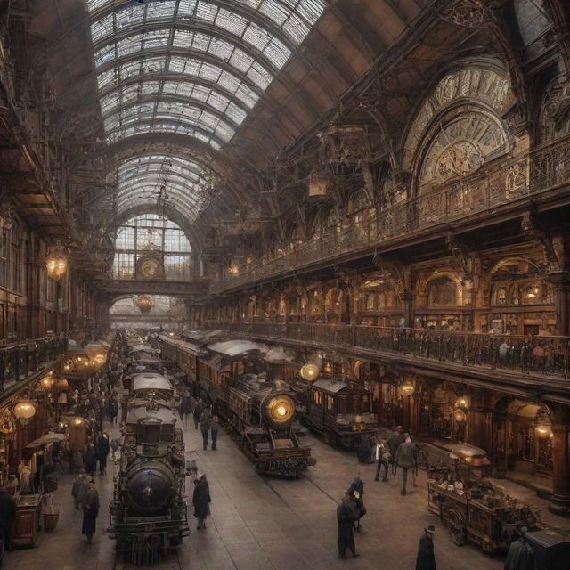 A bustling steampunk train station brimming with ornate iron structures, retro clockwork mechanisms, and steam-powered locomotives amidst the Victorian-era architectural style.