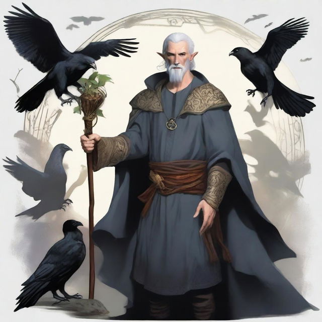 A male elf druid, a blend between Doctor Strange and Radagast from The Lord of the Rings, surrounded by ravens and holding a druid staff