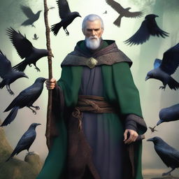 A male elf druid, a blend between Doctor Strange and Radagast from The Lord of the Rings, surrounded by ravens and holding a druid staff