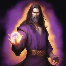 A white-skinned sorcerer with long brown hair and a thin brown beard