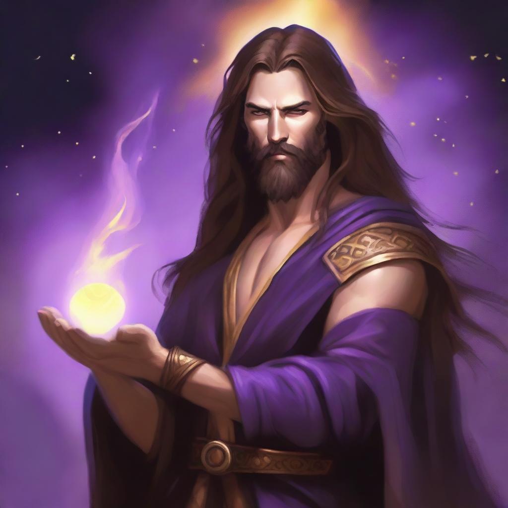 A white-skinned sorcerer with long brown hair and a thin brown beard