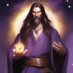 A white-skinned sorcerer with long brown hair and a thin brown beard