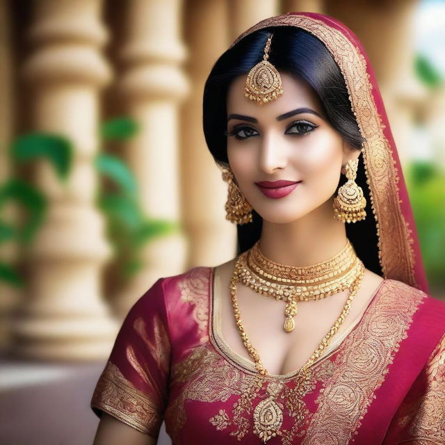 A beautiful Indian woman dressed in traditional attire and adorned with jewelry