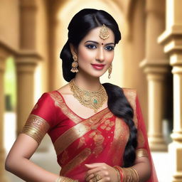 A beautiful Indian woman dressed in traditional attire and adorned with jewelry