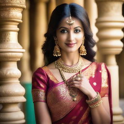 A beautiful Indian woman dressed in traditional attire and adorned with jewelry