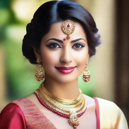 A beautiful Indian woman dressed in traditional attire and adorned with jewelry