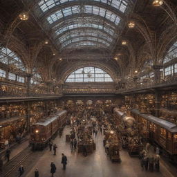 A bustling steampunk train station brimming with ornate iron structures, retro clockwork mechanisms, and steam-powered locomotives amidst the Victorian-era architectural style.