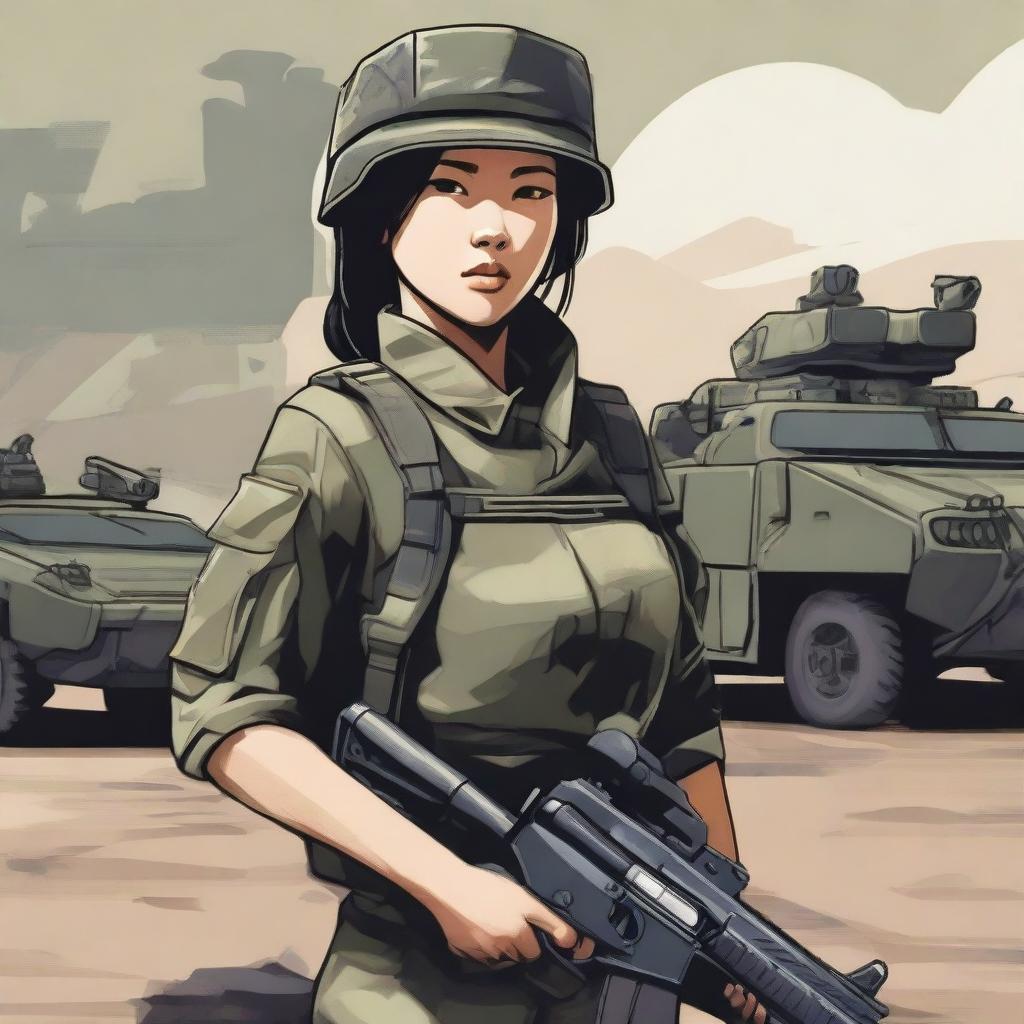 A detailed illustration of an Asian girl in military attire