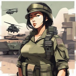 A detailed illustration of an Asian girl in military attire