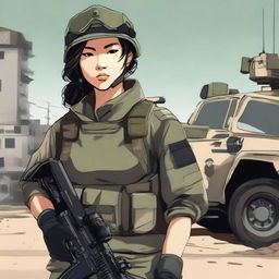 A detailed illustration of an Asian girl in military attire