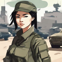 A detailed illustration of an Asian girl in military attire