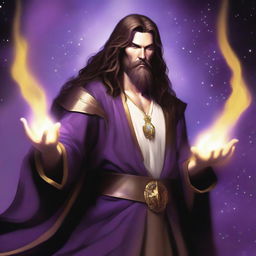 A white-skinned sorcerer with long brown hair and a thin brown beard