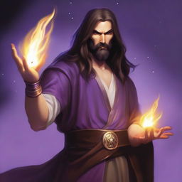 A white-skinned sorcerer with long brown hair and a thin brown beard