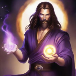 A white-skinned sorcerer with long brown hair and a thin brown beard