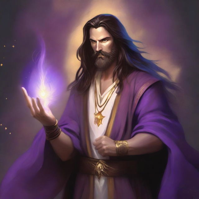 A white-skinned sorcerer with long brown hair and a thin brown beard