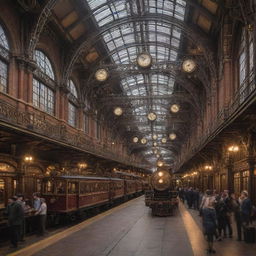 A bustling steampunk train station brimming with ornate iron structures, retro clockwork mechanisms, and steam-powered locomotives amidst the Victorian-era architectural style.