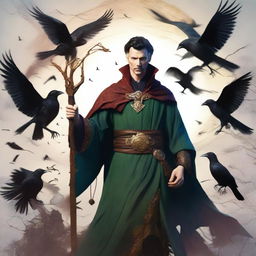 A male elf druid resembling Doctor Strange, deeply connected with nature, surrounded by crows, and holding a druid staff