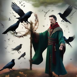 A male elf druid resembling Doctor Strange, deeply connected with nature, surrounded by crows, and holding a druid staff