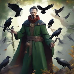 A male elf druid resembling Doctor Strange, deeply connected with nature, surrounded by crows, and holding a druid staff