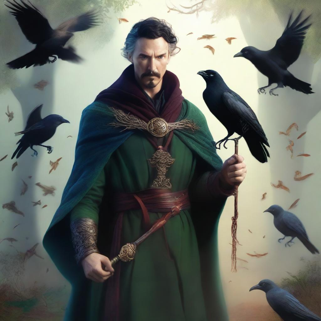 A male elf druid resembling Doctor Strange, deeply connected with nature, surrounded by crows, and holding a druid staff