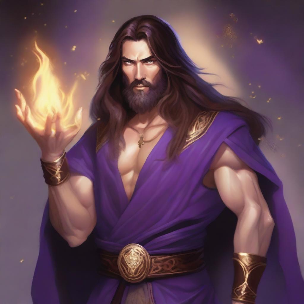 A white-skinned sorcerer with long brown hair and a thin brown beard