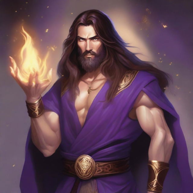 A white-skinned sorcerer with long brown hair and a thin brown beard