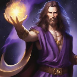 A white-skinned sorcerer with long brown hair and a thin brown beard