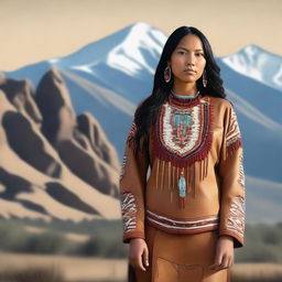 A Native American girl standing in traditional leather clothing