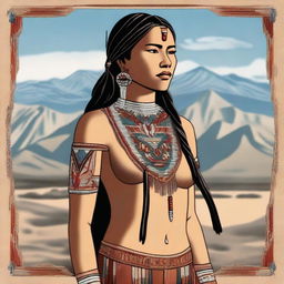 A Native American girl standing in traditional leather clothing