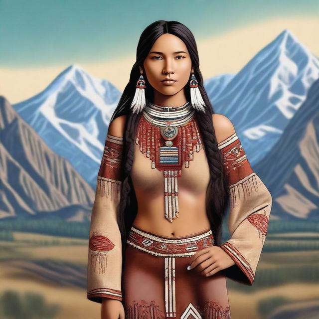 A Native American girl standing in traditional leather clothing