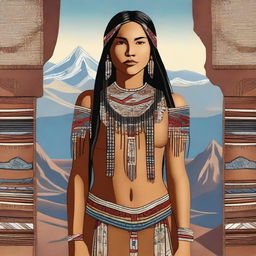 A Native American girl standing in traditional leather clothing