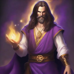 A white-skinned sorcerer with long brown hair and a thin brown beard