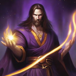 A white-skinned sorcerer with long brown hair and a thin brown beard