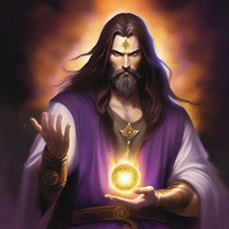 A white-skinned sorcerer with long brown hair and a thin brown beard