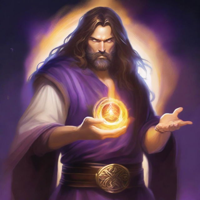 A white-skinned sorcerer with long brown hair and a thin brown beard