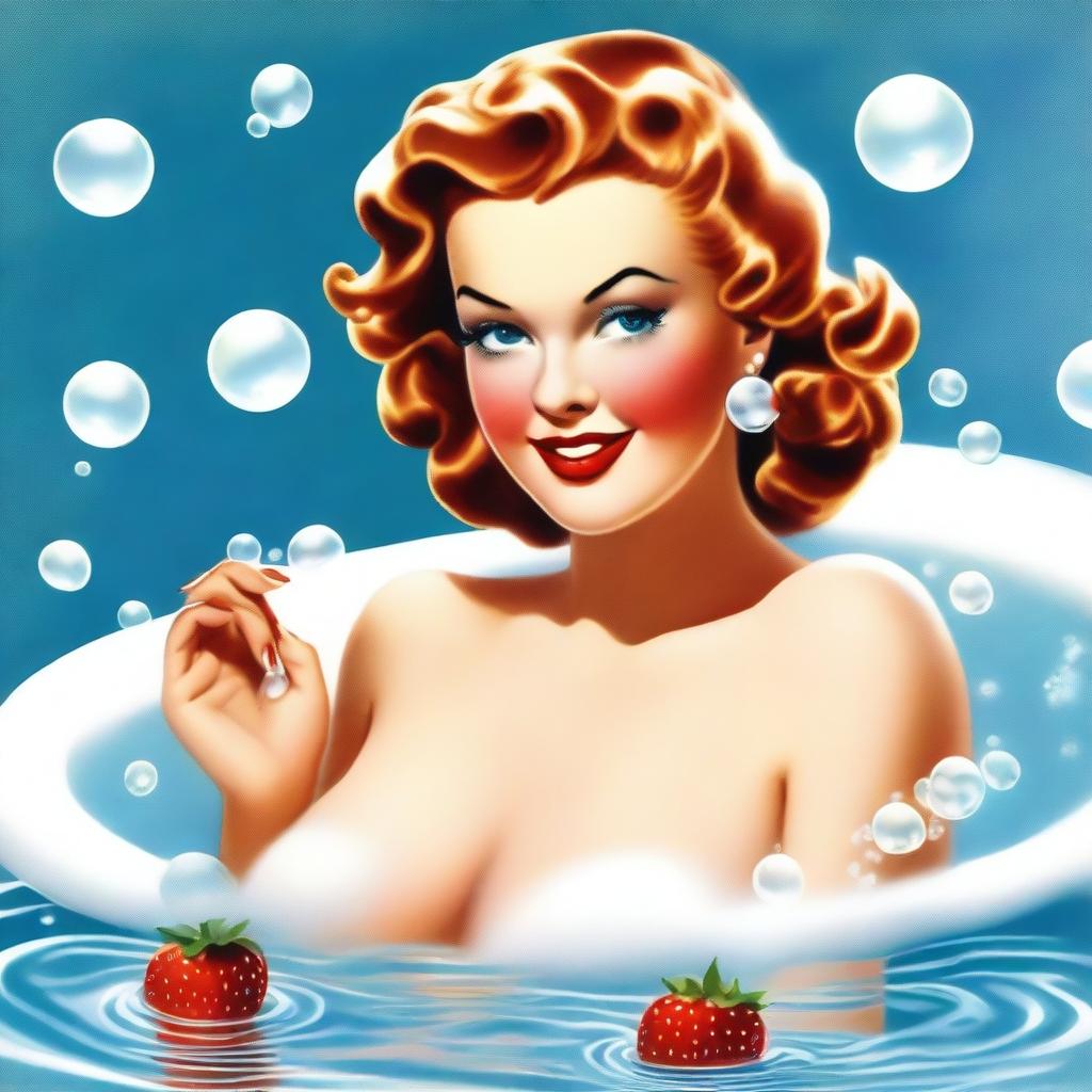 A captivating vintage pinup illustration featuring a seductive woman elegantly posing on her knees in a tub filled with white, foamy bubbles