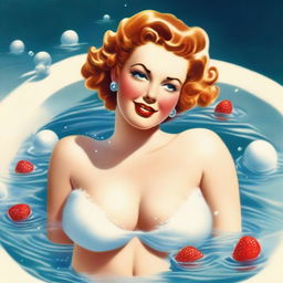 A captivating vintage pinup illustration featuring a seductive woman elegantly posing on her knees in a tub filled with white, foamy bubbles