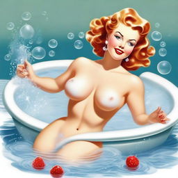 A captivating vintage pinup illustration featuring a seductive woman elegantly posing on her knees in a tub filled with white, foamy bubbles