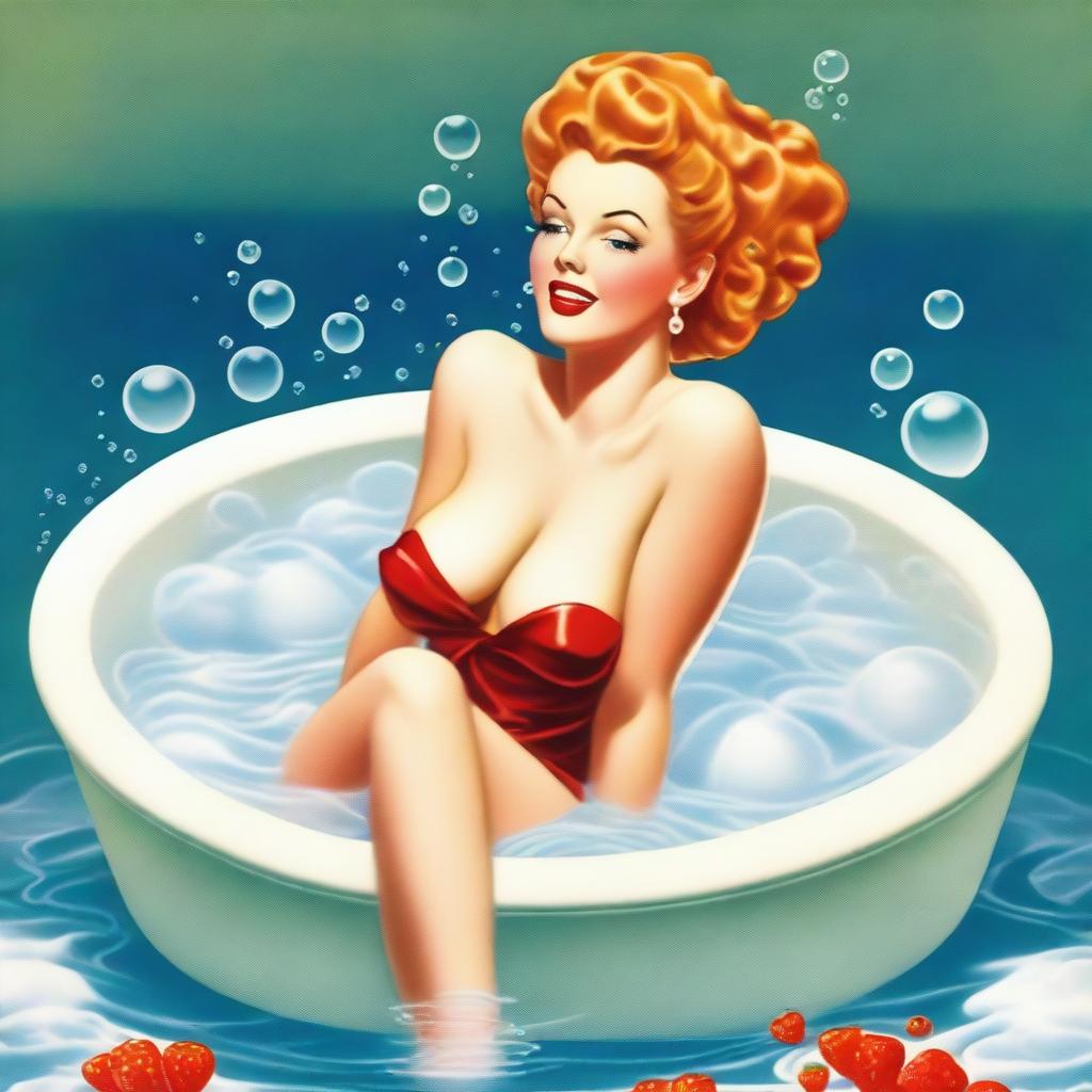 A captivating vintage pinup illustration featuring a seductive woman elegantly posing on her knees in a tub filled with white, foamy bubbles