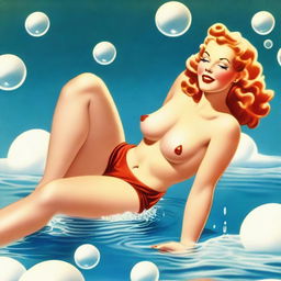 A captivating vintage pinup illustration featuring a seductive woman elegantly posing on her knees on a floor lined with white, foamy bubbles