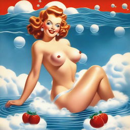 A captivating vintage pinup illustration featuring a seductive woman elegantly posing on her knees on a floor lined with white, foamy bubbles