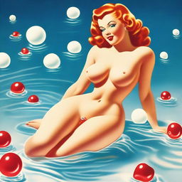 A captivating vintage pinup illustration featuring a seductive woman elegantly posing on her knees on a floor lined with white, foamy bubbles