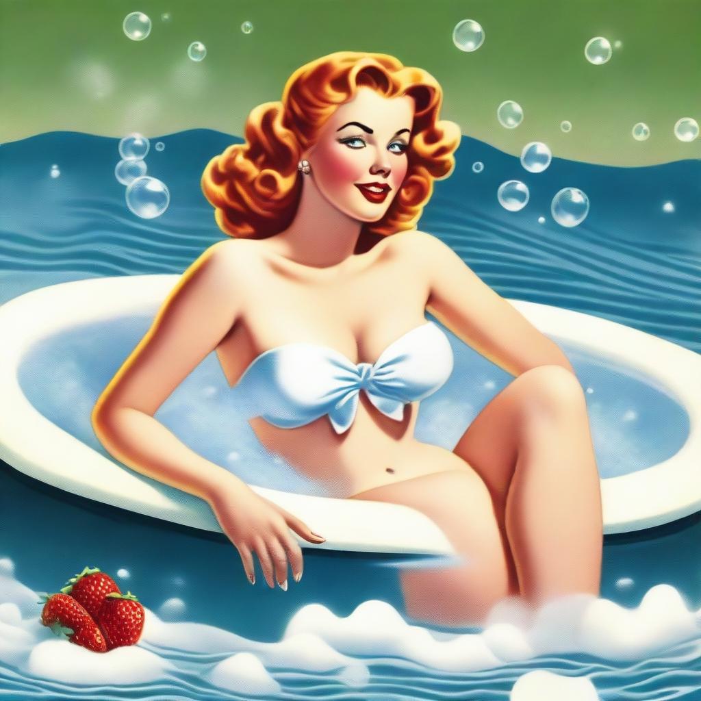 A captivating vintage pinup illustration featuring a seductive woman elegantly posing on her knees in a tub filled with white, foamy bubbles