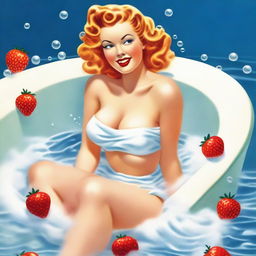 A captivating vintage pinup illustration featuring a seductive woman elegantly posing on her knees in a tub filled with white, foamy bubbles