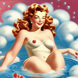 A captivating vintage pinup illustration featuring a seductive woman elegantly posing on her knees in a tub filled with white, foamy bubbles