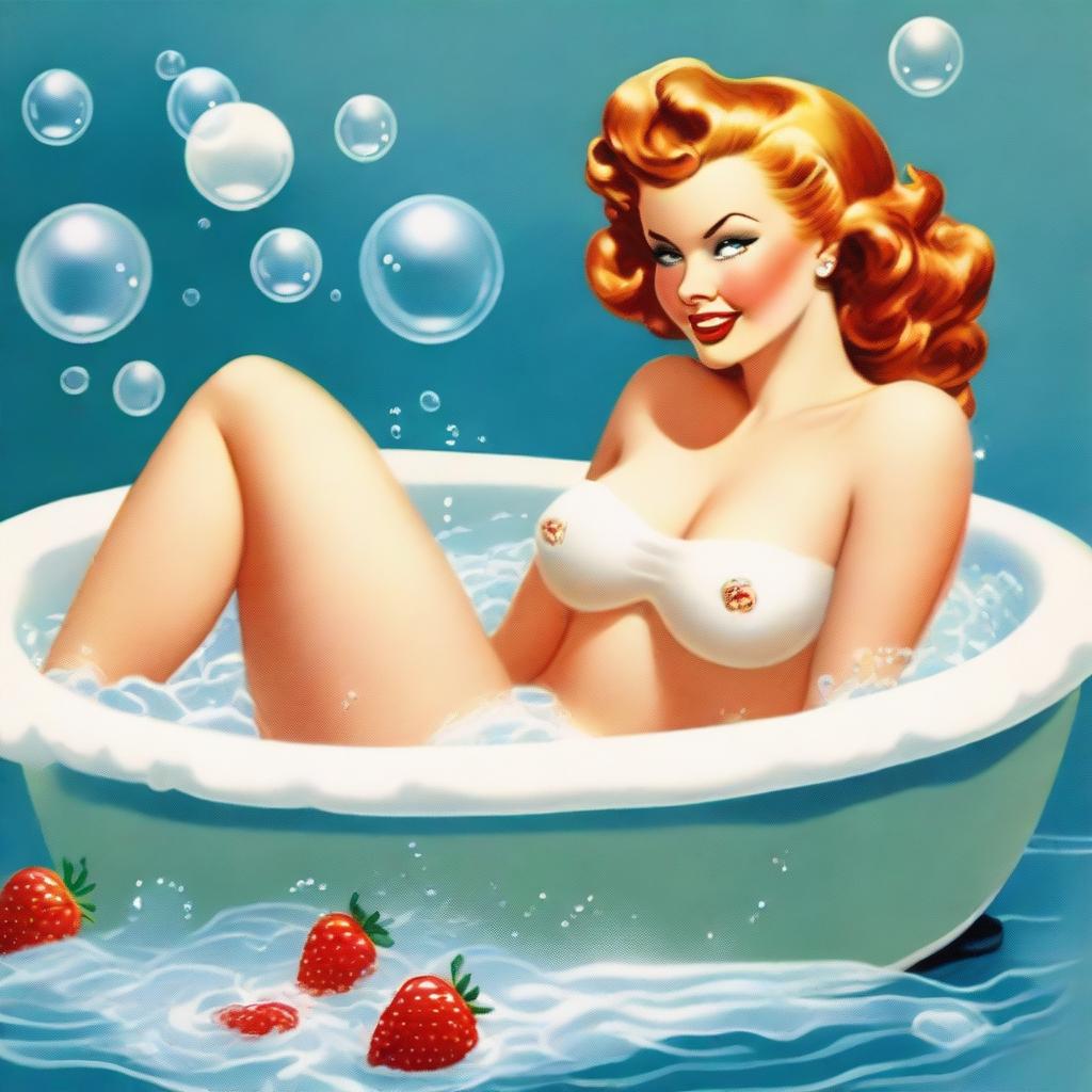 A captivating vintage pinup illustration featuring a seductive woman elegantly posing on her knees in a tub filled with white, foamy bubbles