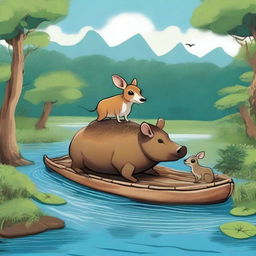 A detailed illustration of the story of Mouse Deer and buffalo crossing the river on the back of a crocodile