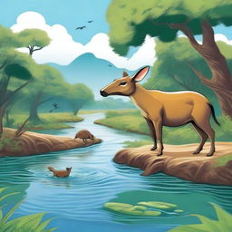 A detailed illustration of the story of Mouse Deer and buffalo crossing the river on the back of a crocodile